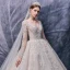 Luxury / Gorgeous Champagne Bridal Wedding Dresses 2020 Ball Gown See-through Scoop Neck Long Sleeve Backless Handmade  Beading Cathedral Train Ruffle
