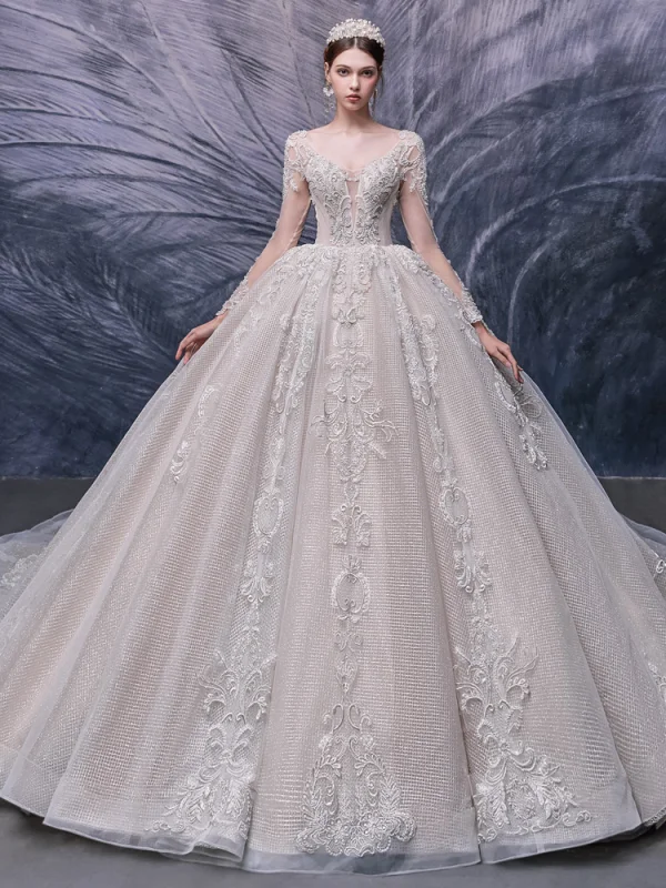 Luxury / Gorgeous Champagne Bridal Wedding Dresses 2020 Ball Gown See-through Scoop Neck Long Sleeve Backless Handmade  Beading Cathedral Train Ruffle