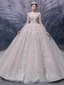 Luxury / Gorgeous Champagne Bridal Wedding Dresses 2020 Ball Gown See-through Scoop Neck Long Sleeve Backless Handmade  Beading Cathedral Train Ruffle
