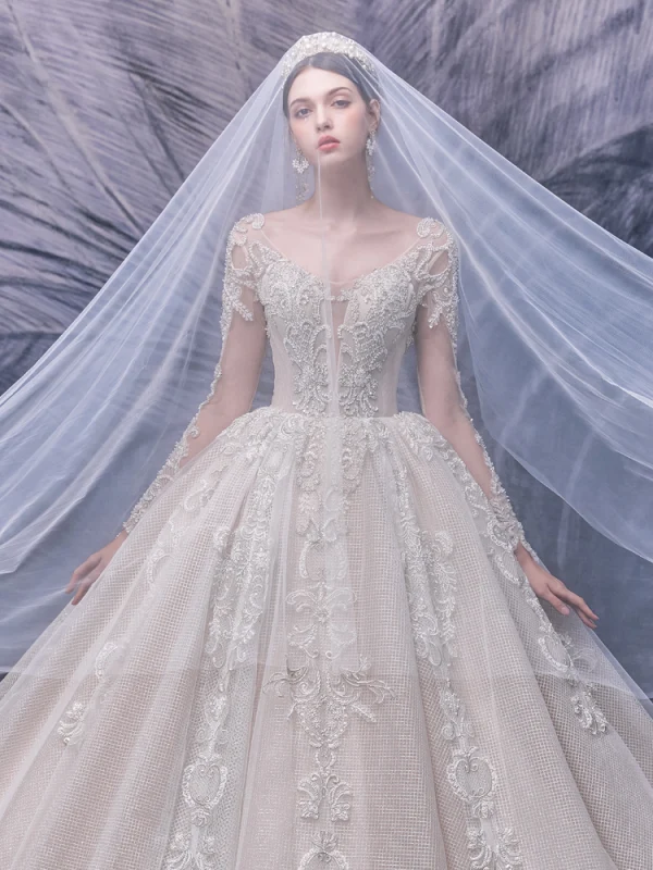 Luxury / Gorgeous Champagne Bridal Wedding Dresses 2020 Ball Gown See-through Scoop Neck Long Sleeve Backless Handmade  Beading Cathedral Train Ruffle