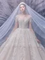 Luxury / Gorgeous Champagne Bridal Wedding Dresses 2020 Ball Gown See-through Scoop Neck Long Sleeve Backless Handmade  Beading Cathedral Train Ruffle