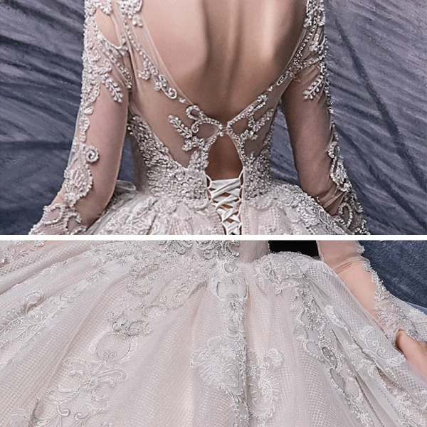 Luxury / Gorgeous Champagne Bridal Wedding Dresses 2020 Ball Gown See-through Scoop Neck Long Sleeve Backless Handmade  Beading Cathedral Train Ruffle