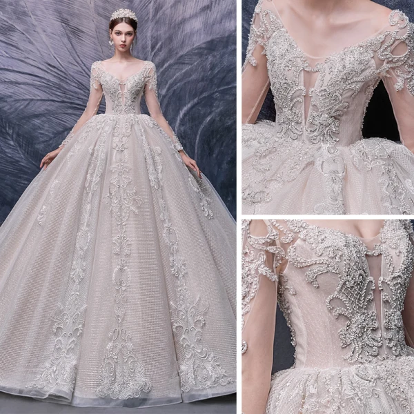 Luxury / Gorgeous Champagne Bridal Wedding Dresses 2020 Ball Gown See-through Scoop Neck Long Sleeve Backless Handmade  Beading Cathedral Train Ruffle