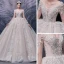 Luxury / Gorgeous Champagne Bridal Wedding Dresses 2020 Ball Gown See-through Scoop Neck Long Sleeve Backless Handmade  Beading Cathedral Train Ruffle