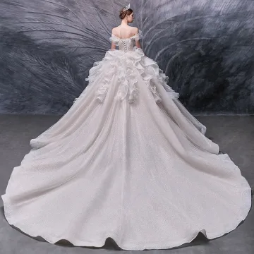Luxe Champagne La Mariée Robe De Mariée 2020 Robe Boule De L 039 Épaule Manches Courtes Dos Nu Glitter Tulle Perlage Perle Paillettes Cathedral Train Volants
