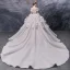 Luxury / Gorgeous Champagne Bridal Wedding Dresses 2020 Ball Gown Off-The-Shoulder Short Sleeve Backless Glitter Tulle Beading Pearl Sequins Cathedral Train Ruffle