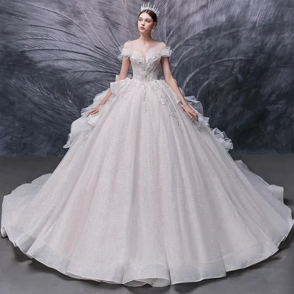 Luxury / Gorgeous Champagne Bridal Wedding Dresses 2020 Ball Gown Off-The-Shoulder Short Sleeve Backless Glitter Tulle Beading Pearl Sequins Cathedral Train Ruffle