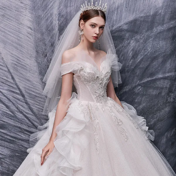 Luxury / Gorgeous Champagne Bridal Wedding Dresses 2020 Ball Gown Off-The-Shoulder Short Sleeve Backless Glitter Tulle Beading Pearl Sequins Cathedral Train Ruffle