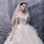Luxury / Gorgeous Champagne Bridal Wedding Dresses 2020 Ball Gown Off-The-Shoulder Short Sleeve Backless Glitter Tulle Beading Pearl Sequins Cathedral Train Ruffle