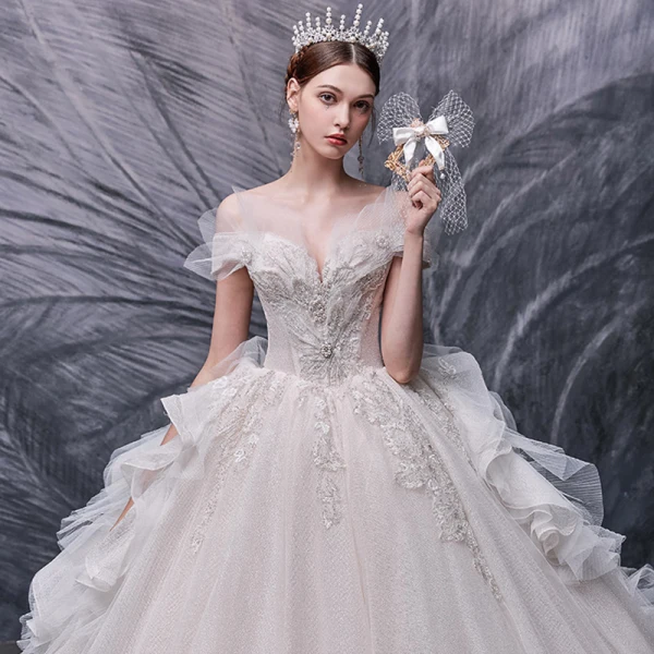 Luxury / Gorgeous Champagne Bridal Wedding Dresses 2020 Ball Gown Off-The-Shoulder Short Sleeve Backless Glitter Tulle Beading Pearl Sequins Cathedral Train Ruffle