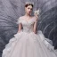 Luxury / Gorgeous Champagne Bridal Wedding Dresses 2020 Ball Gown Off-The-Shoulder Short Sleeve Backless Glitter Tulle Beading Pearl Sequins Cathedral Train Ruffle
