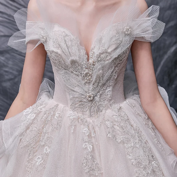 Luxury / Gorgeous Champagne Bridal Wedding Dresses 2020 Ball Gown Off-The-Shoulder Short Sleeve Backless Glitter Tulle Beading Pearl Sequins Cathedral Train Ruffle