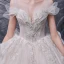 Luxury / Gorgeous Champagne Bridal Wedding Dresses 2020 Ball Gown Off-The-Shoulder Short Sleeve Backless Glitter Tulle Beading Pearl Sequins Cathedral Train Ruffle