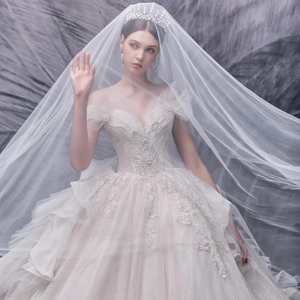 Luxury / Gorgeous Champagne Bridal Wedding Dresses 2020 Ball Gown Off-The-Shoulder Short Sleeve Backless Glitter Tulle Beading Pearl Sequins Cathedral Train Ruffle