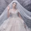 Luxury / Gorgeous Champagne Bridal Wedding Dresses 2020 Ball Gown Off-The-Shoulder Short Sleeve Backless Glitter Tulle Beading Pearl Sequins Cathedral Train Ruffle