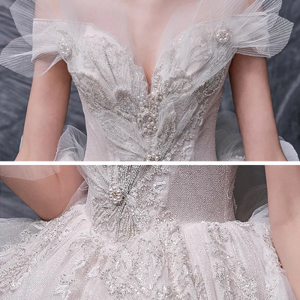 Luxury / Gorgeous Champagne Bridal Wedding Dresses 2020 Ball Gown Off-The-Shoulder Short Sleeve Backless Glitter Tulle Beading Pearl Sequins Cathedral Train Ruffle