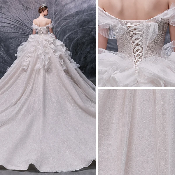 Luxury / Gorgeous Champagne Bridal Wedding Dresses 2020 Ball Gown Off-The-Shoulder Short Sleeve Backless Glitter Tulle Beading Pearl Sequins Cathedral Train Ruffle