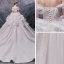 Luxury / Gorgeous Champagne Bridal Wedding Dresses 2020 Ball Gown Off-The-Shoulder Short Sleeve Backless Glitter Tulle Beading Pearl Sequins Cathedral Train Ruffle