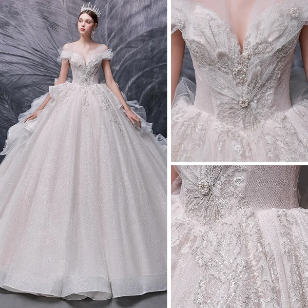 Luxury / Gorgeous Champagne Bridal Wedding Dresses 2020 Ball Gown Off-The-Shoulder Short Sleeve Backless Glitter Tulle Beading Pearl Sequins Cathedral Train Ruffle