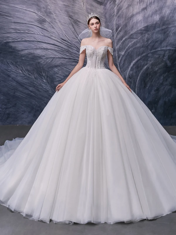 Luxury / Gorgeous Ivory Bridal Wedding Dresses 2020 Ball Gown Off-The-Shoulder Short Sleeve Backless Appliques Lace Beading Pearl Cathedral Train Ruffle