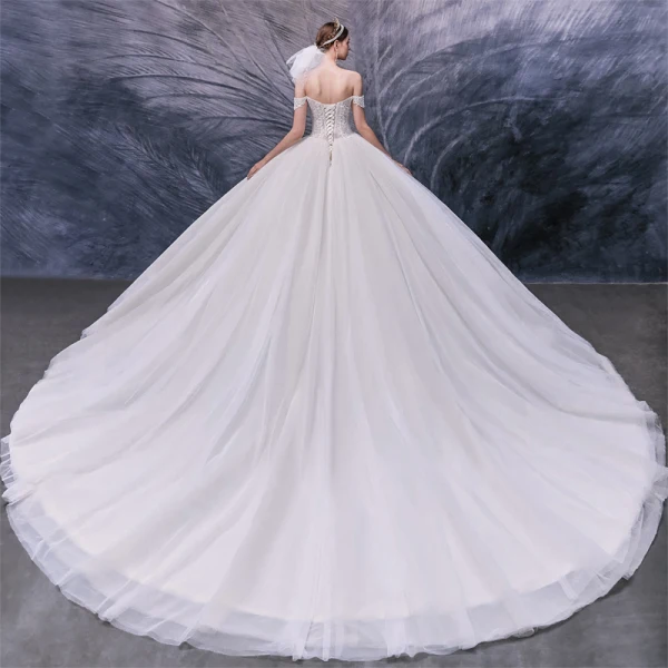 Luxury / Gorgeous Ivory Bridal Wedding Dresses 2020 Ball Gown Off-The-Shoulder Short Sleeve Backless Appliques Lace Beading Pearl Cathedral Train Ruffle