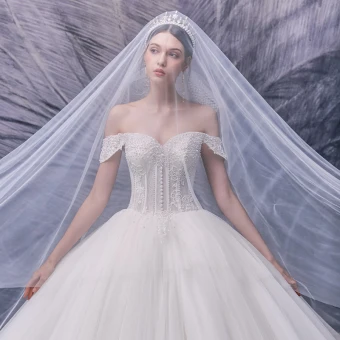 Luxe Ivoire La Mariée Robe De Mariée 2020 Robe Boule De L 039 Épaule Manches Courtes Dos Nu Appliques En Dentelle Perlage Perle Cathedral Train Volants