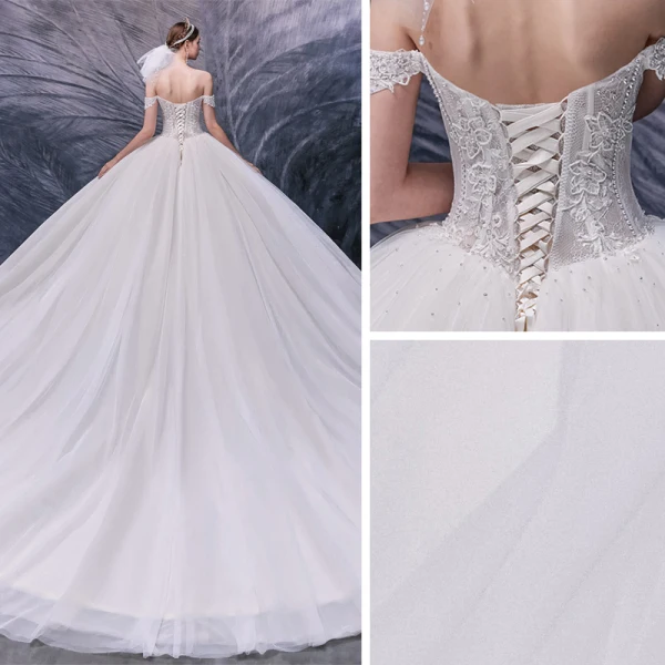 Luxury / Gorgeous Ivory Bridal Wedding Dresses 2020 Ball Gown Off-The-Shoulder Short Sleeve Backless Appliques Lace Beading Pearl Cathedral Train Ruffle