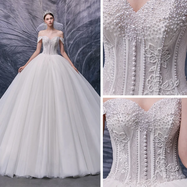 Luxury / Gorgeous Ivory Bridal Wedding Dresses 2020 Ball Gown Off-The-Shoulder Short Sleeve Backless Appliques Lace Beading Pearl Cathedral Train Ruffle