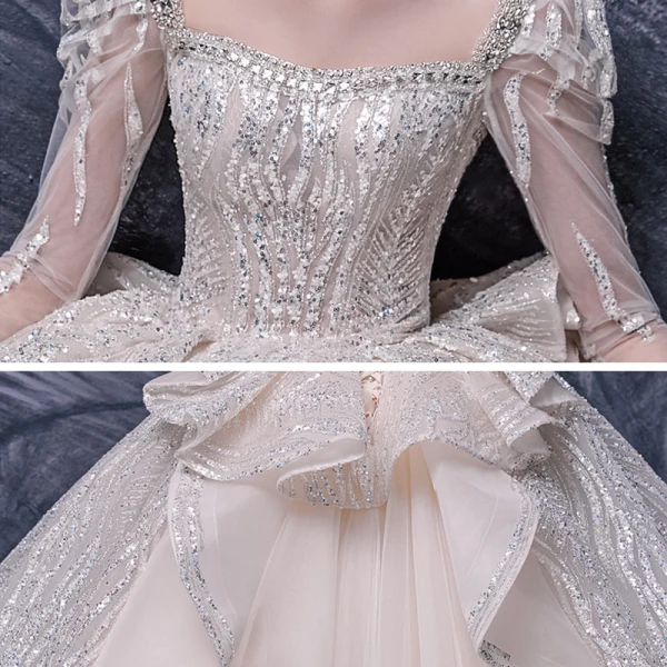 Style Victorien Champagne La Mariée Robe De Mariée 2020 Robe Boule Transparentes Encolure Carrée Gonflée 3/4 Manches Dos Nu Appliques Paillettes Perlage Cathedral Train Volants