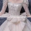 Style Victorien Champagne La Mariée Robe De Mariée 2020 Robe Boule Transparentes Encolure Carrée Gonflée 3/4 Manches Dos Nu Appliques Paillettes Perlage Cathedral Train Volants