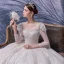Style Victorien Champagne La Mariée Robe De Mariée 2020 Robe Boule Transparentes Encolure Carrée Gonflée 3/4 Manches Dos Nu Appliques Paillettes Perlage Cathedral Train Volants