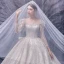 Style Victorien Champagne La Mariée Robe De Mariée 2020 Robe Boule Transparentes Encolure Carrée Gonflée 3/4 Manches Dos Nu Appliques Paillettes Perlage Cathedral Train Volants