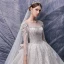 Style Victorien Champagne La Mariée Robe De Mariée 2020 Robe Boule Transparentes Encolure Carrée Gonflée 3/4 Manches Dos Nu Appliques Paillettes Perlage Cathedral Train Volants