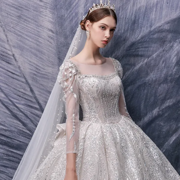 Victorian Style Champagne Bridal Wedding Dresses 2020 Ball Gown See-through Square Neckline Puffy 3/4 Sleeve Backless Appliques Sequins Beading Cathedral Train Ruffle
