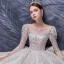 Style Victorien Champagne La Mariée Robe De Mariée 2020 Robe Boule Transparentes Encolure Carrée Gonflée 3/4 Manches Dos Nu Appliques Paillettes Perlage Cathedral Train Volants