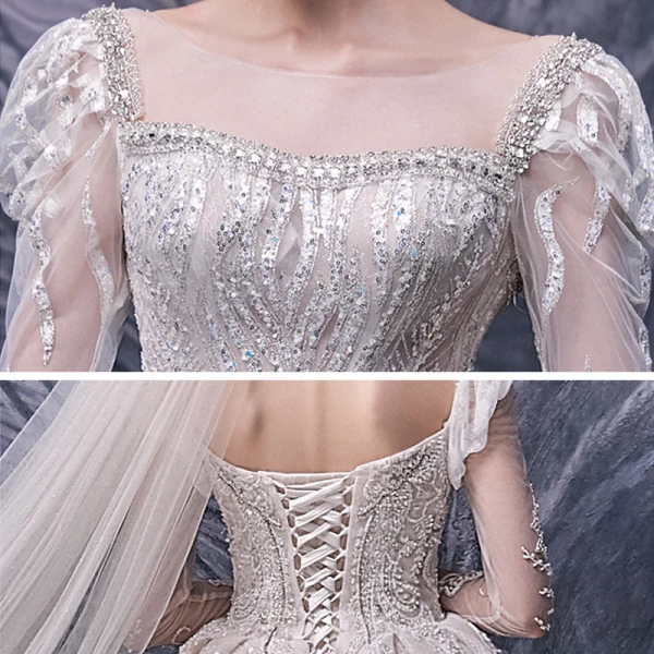 Style Victorien Champagne La Mariée Robe De Mariée 2020 Robe Boule Transparentes Encolure Carrée Gonflée 3/4 Manches Dos Nu Appliques Paillettes Perlage Cathedral Train Volants