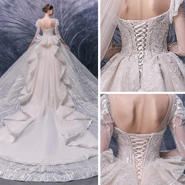 Style Victorien Champagne La Mariée Robe De Mariée 2020 Robe Boule Transparentes Encolure Carrée Gonflée 3/4 Manches Dos Nu Appliques Paillettes Perlage Cathedral Train Volants