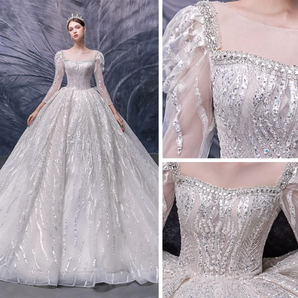 Style Victorien Champagne La Mariée Robe De Mariée 2020 Robe Boule Transparentes Encolure Carrée Gonflée 3/4 Manches Dos Nu Appliques Paillettes Perlage Cathedral Train Volants