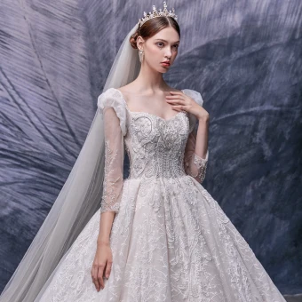 Vintage Retro Champagne Bridal Wedding Dresses 2020 Ball Gown Square Neckline Puffy Detachable 3 4 Sleeve Backless Handmade Beading Cathedral Train Ruffle
