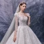 Vintage / Originale Champagne La Mariée Robe De Mariée 2020 Robe Boule Encolure Carrée Gonflée Détachable 3/4 Manches Dos Nu Fait main Perlage Cathedral Train Volants