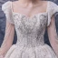 Vintage / Originale Champagne La Mariée Robe De Mariée 2020 Robe Boule Encolure Carrée Gonflée Détachable 3/4 Manches Dos Nu Fait main Perlage Cathedral Train Volants