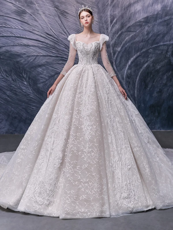 Vintage / Originale Champagne La Mariée Robe De Mariée 2020 Robe Boule Encolure Carrée Gonflée Détachable 3/4 Manches Dos Nu Fait main Perlage Cathedral Train Volants