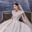 Vintage / Originale Champagne La Mariée Robe De Mariée 2020 Robe Boule Encolure Carrée Gonflée Détachable 3/4 Manches Dos Nu Fait main Perlage Cathedral Train Volants