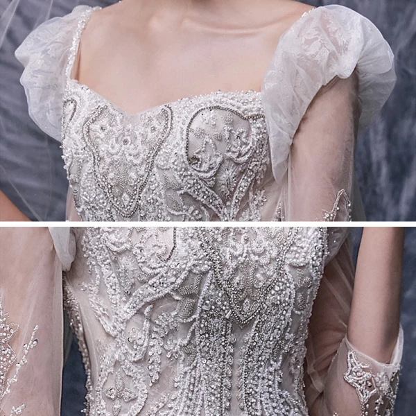 Vintage / Originale Champagne La Mariée Robe De Mariée 2020 Robe Boule Encolure Carrée Gonflée Détachable 3/4 Manches Dos Nu Fait main Perlage Cathedral Train Volants
