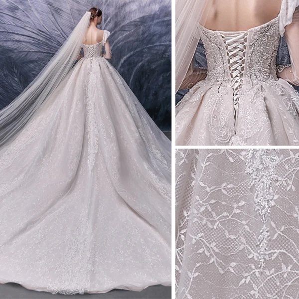 Vintage / Originale Champagne La Mariée Robe De Mariée 2020 Robe Boule Encolure Carrée Gonflée Détachable 3/4 Manches Dos Nu Fait main Perlage Cathedral Train Volants