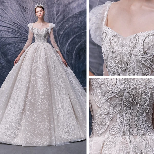 Vintage / Originale Champagne La Mariée Robe De Mariée 2020 Robe Boule Encolure Carrée Gonflée Détachable 3/4 Manches Dos Nu Fait main Perlage Cathedral Train Volants