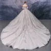 Charming Champagne Bridal Wedding Dresses 2020 Ball Gown Off-The-Shoulder Short Sleeve Backless Beading Appliques Sequins Glitter Tulle Cathedral Train Ruffle