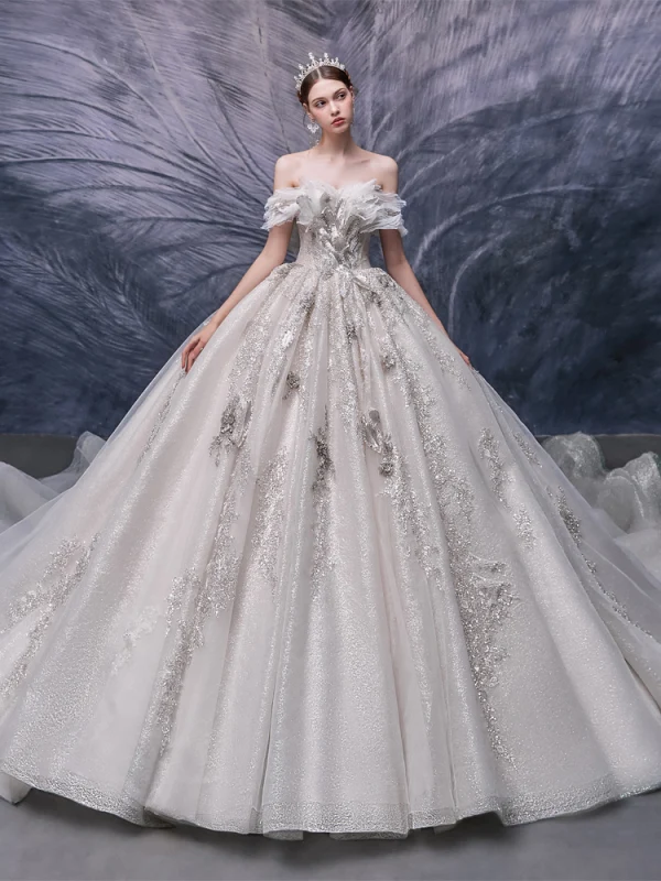 Charming Champagne Bridal Wedding Dresses 2020 Ball Gown Off-The-Shoulder Short Sleeve Backless Beading Appliques Sequins Glitter Tulle Cathedral Train Ruffle