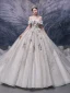 Charming Champagne Bridal Wedding Dresses 2020 Ball Gown Off-The-Shoulder Short Sleeve Backless Beading Appliques Sequins Glitter Tulle Cathedral Train Ruffle