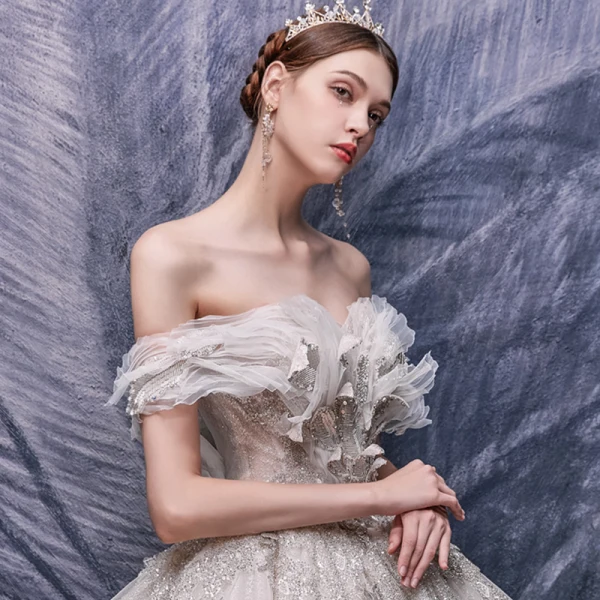 Charming Champagne Bridal Wedding Dresses 2020 Ball Gown Off-The-Shoulder Short Sleeve Backless Beading Appliques Sequins Glitter Tulle Cathedral Train Ruffle